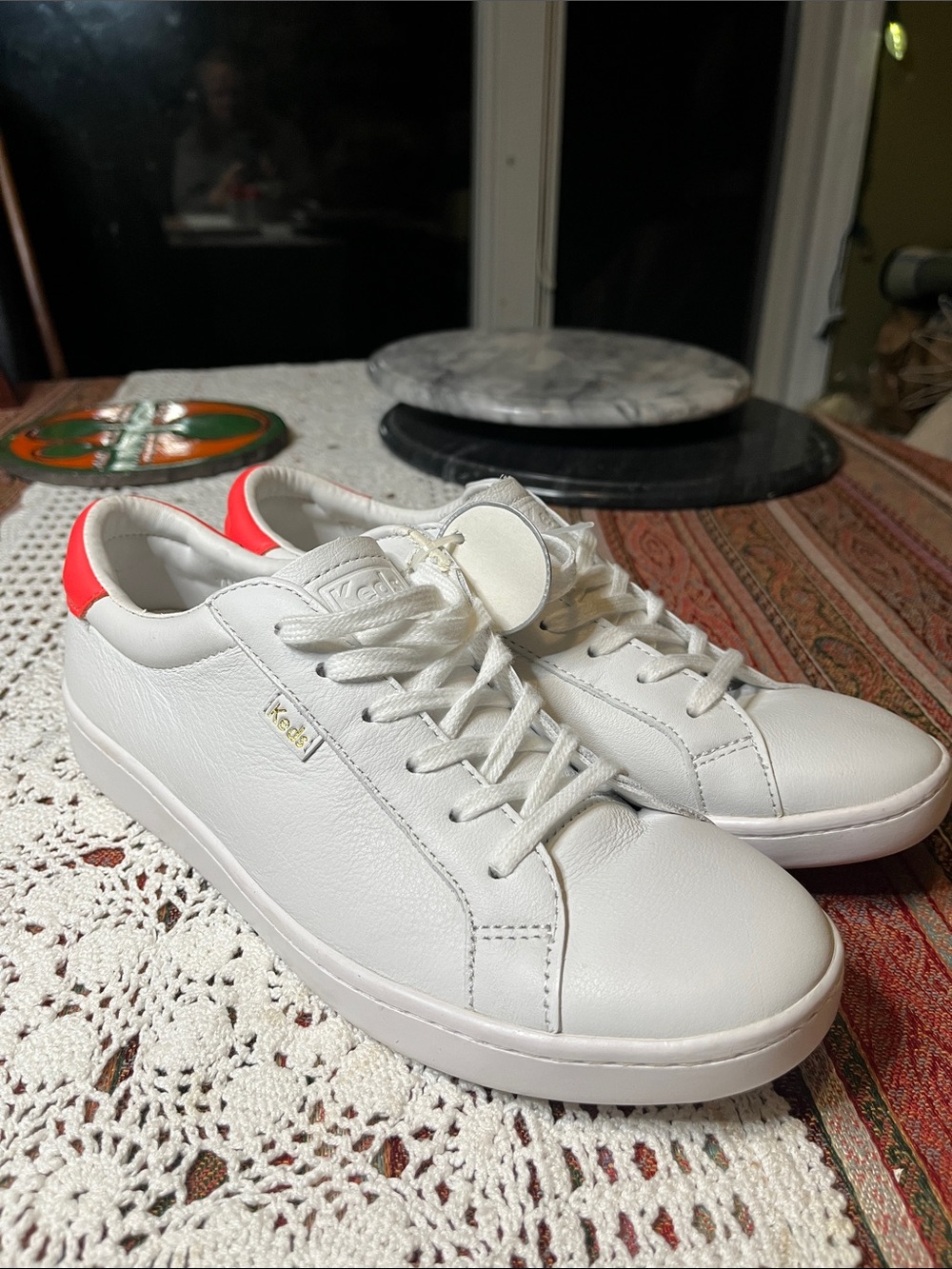 Keds White Leather Sneakers with Coral Heel vintage